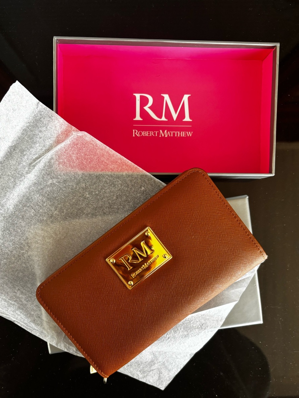 NWT Robert‎ Matthew Aria Leather Wallet Wristlet – Brown Jewel 24K Gold